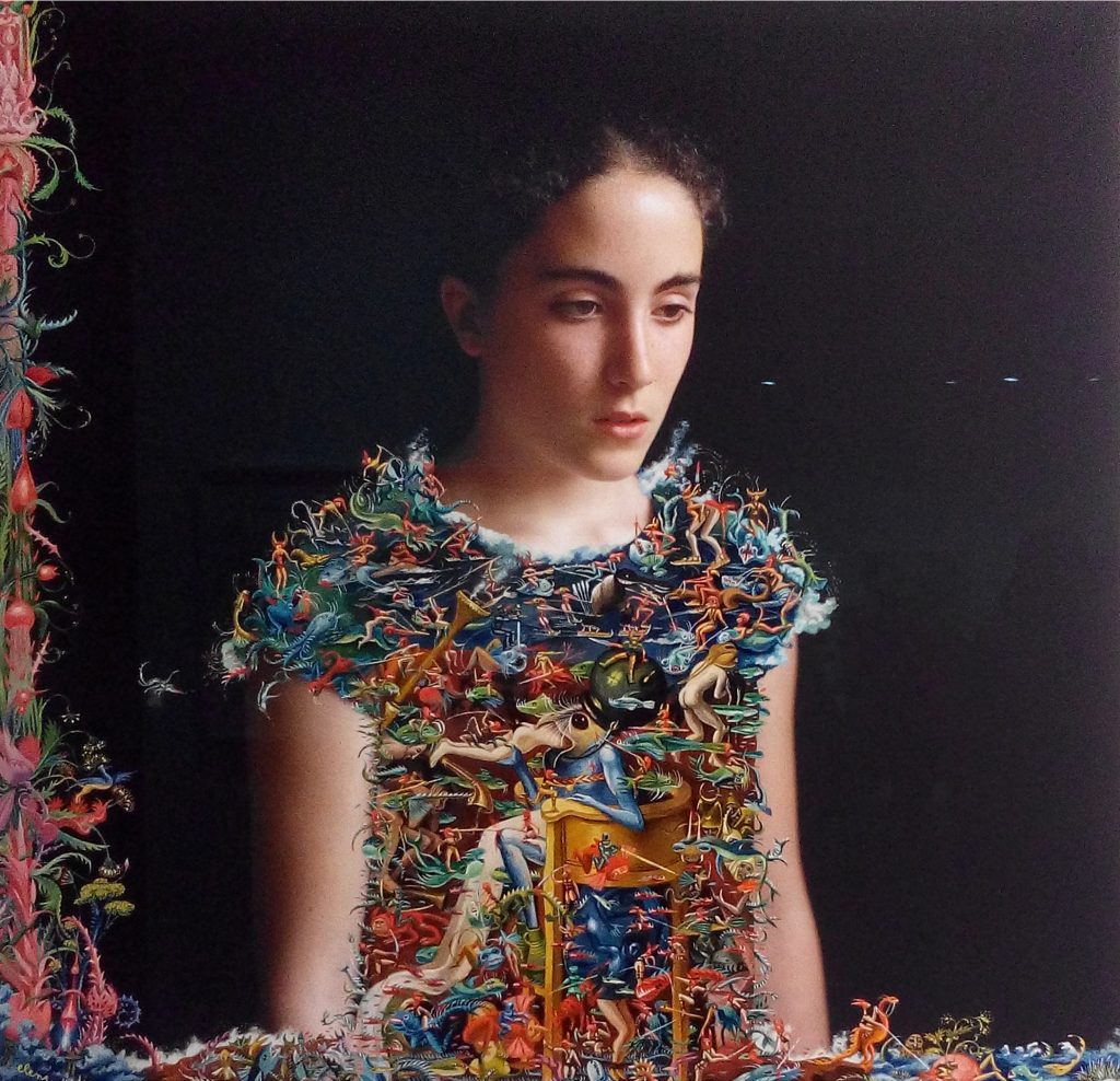 Elene Usdin, "Pauline d'après Bosch", 2016, 64 x 64 cm. Archival pigment print with acrylic painting, framed. Unique piece.