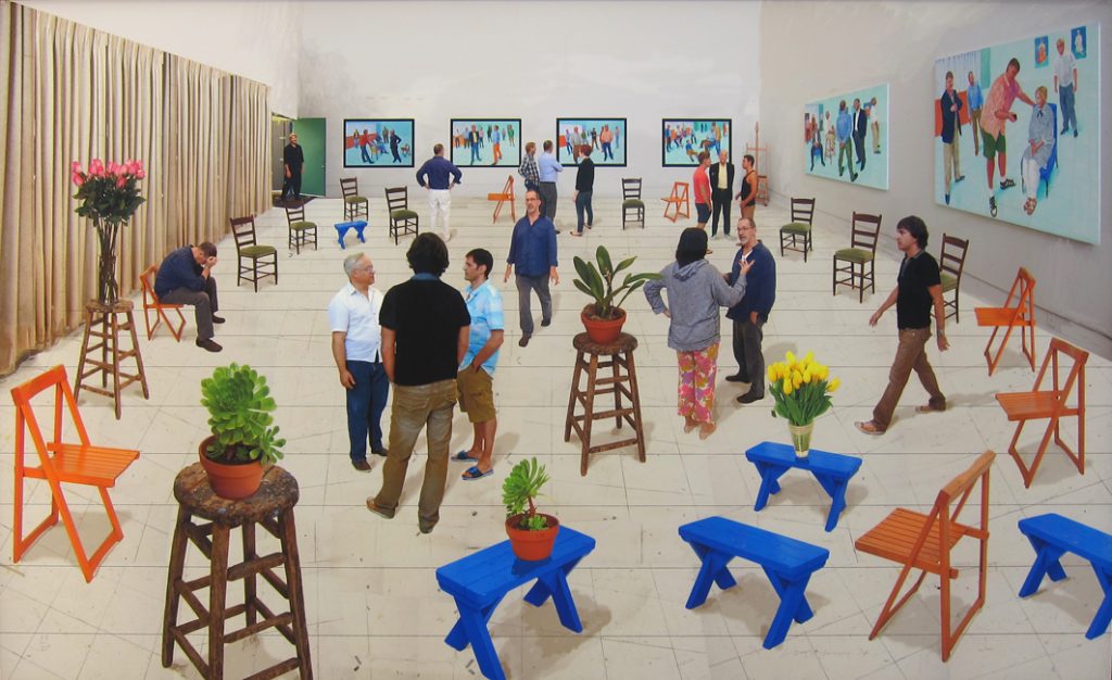 David Hockney, "4 blue stools", 107 x 176 cm, photographic drawing printed on paper, mounted on Dibond, 2014